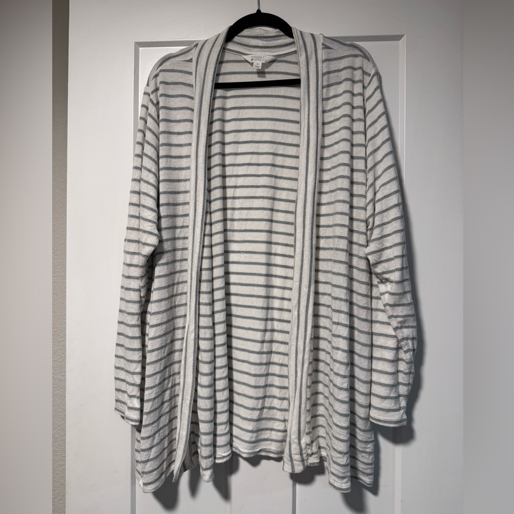 Market & Spruce White Cardigan with Light Gray Stripes